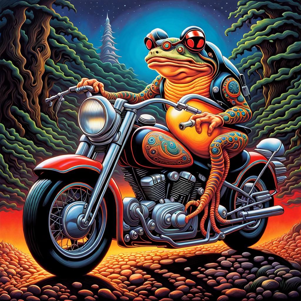 Biker Toad on Motorcycle in Psychedelic Art Style