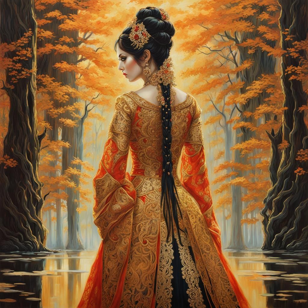 Ornate Onna-musha Touching Mirrored Reflection