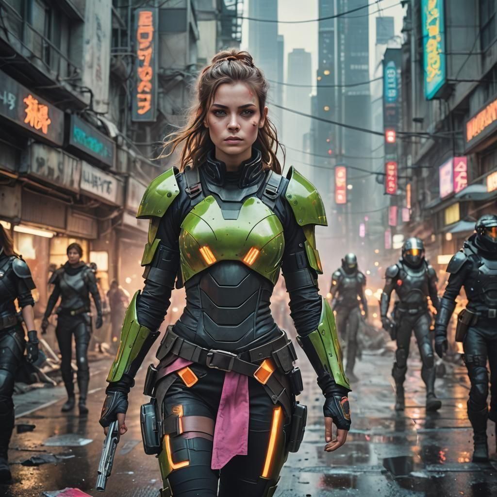 Futuristic Neon Warrior in Post-Apocalyptic City