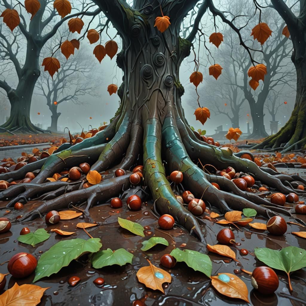 Red Chestnuts in Grey Winter Scene, Digital Art