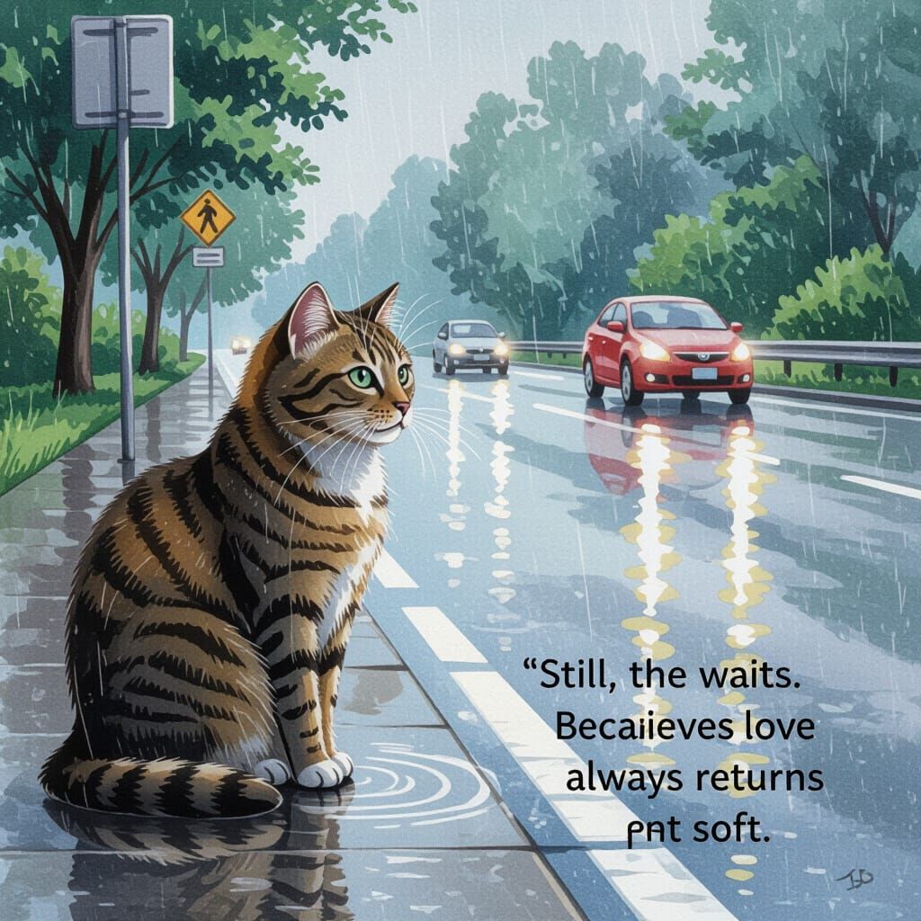 Sad Cat Waits in Rain, Realistic Watercolor Art