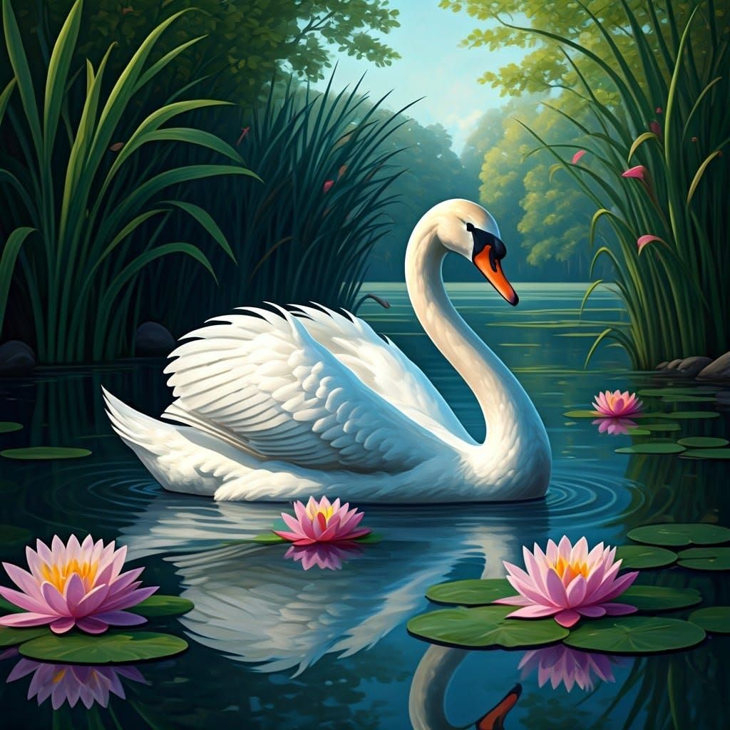 Ethereal Swan in Whimsical Water Scene