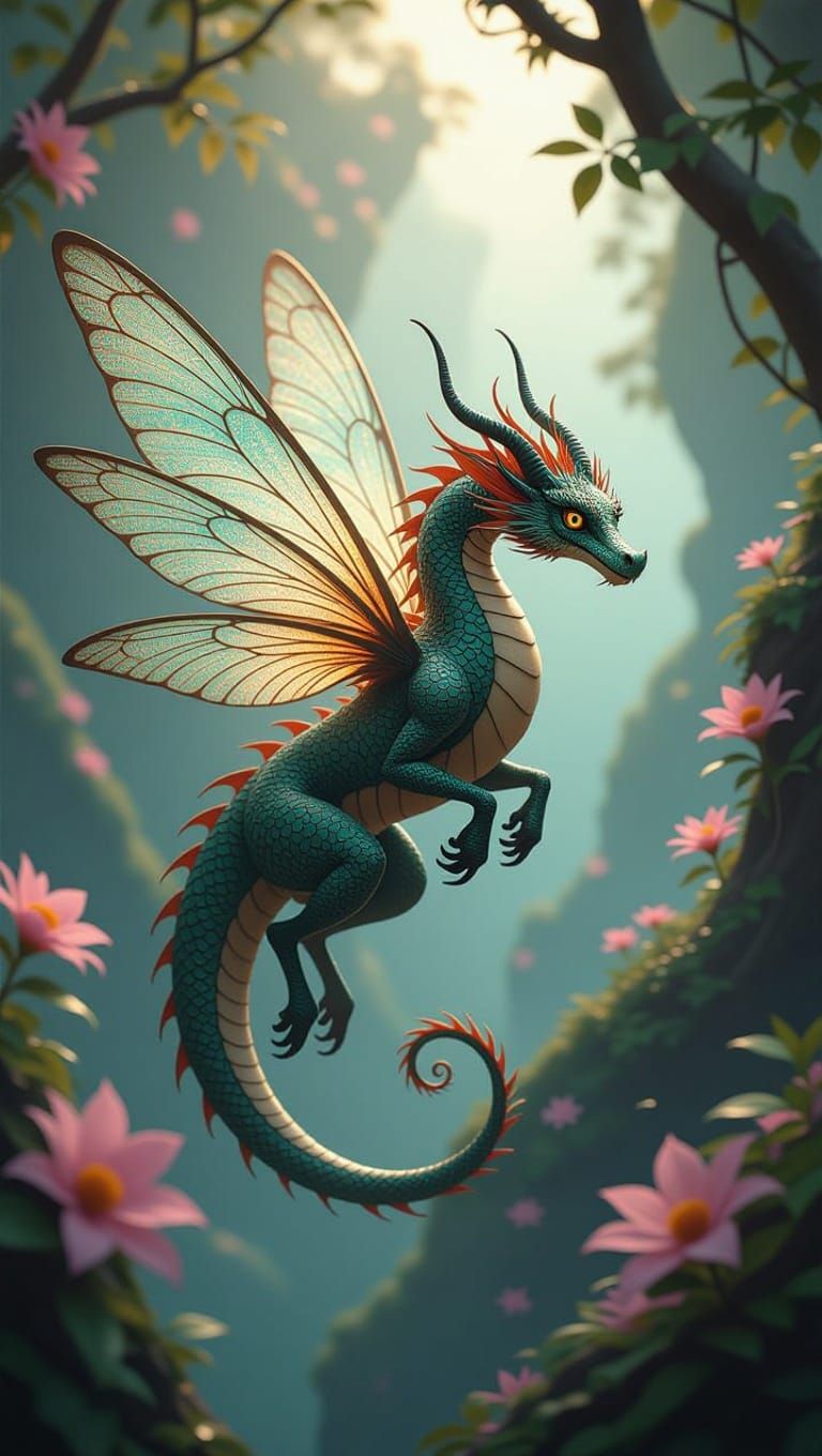 Dragonfly Soaring in Whimsical Realm, Art Nouveau Style