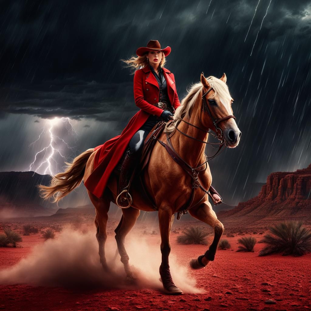 Outlaw Cowgirl in Desert Rain: Digital Matte Painting