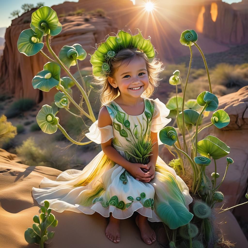 Child on Desert Cliff with Hybrid Flora, Surreal Art