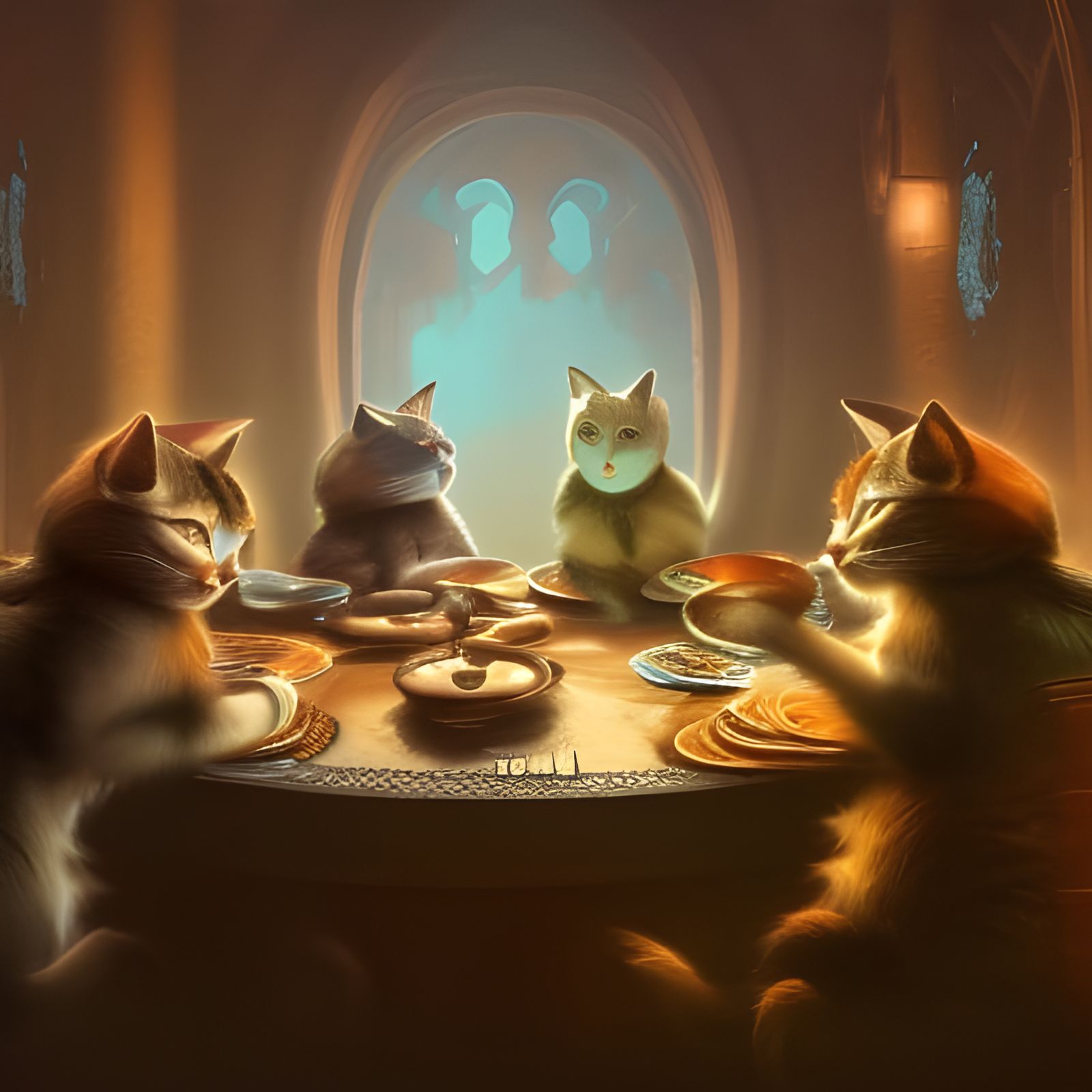 Cats at Dinner Table in Detailed Matte Painting