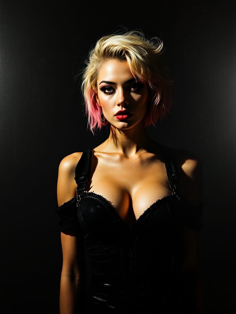 Pin-Up with Pink Hair in Basquiat-Caravaggio Fusion