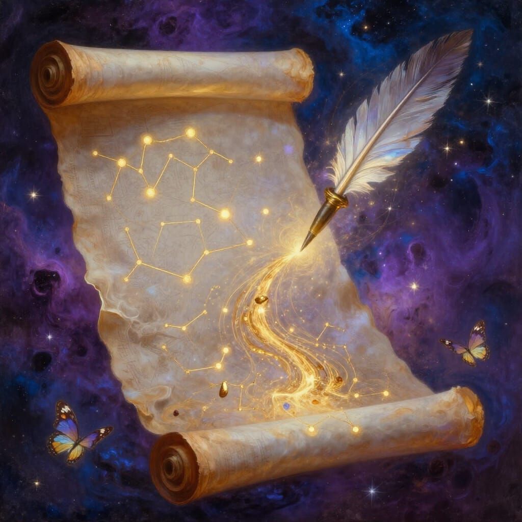 Ancient Scroll Unfurls in Nebula, Cosmic Ink Forms Galaxies