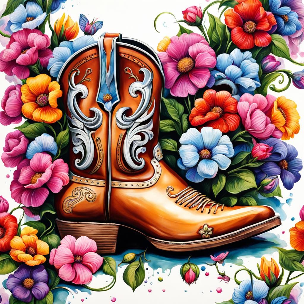 Cowboy Boots with Horseshoe Logo in Graffiti Art Style