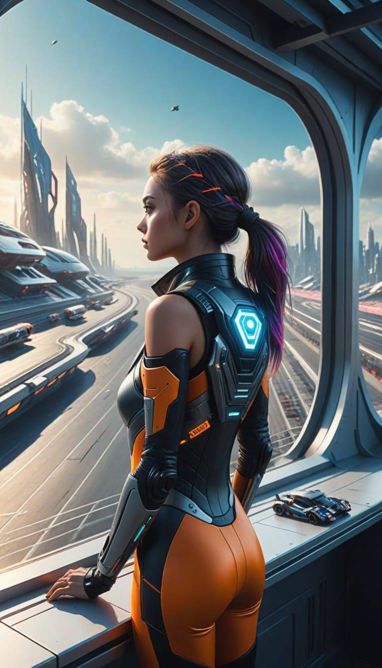 Girl Views Futuristic Race Track in Digital Matte Painting