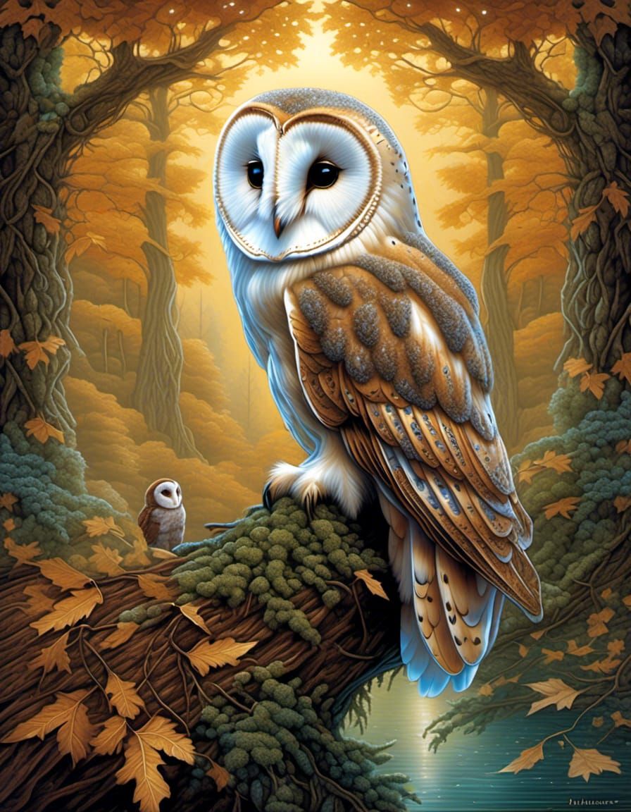 Golden Owl Portrait in Hyperreal Frilgee Style