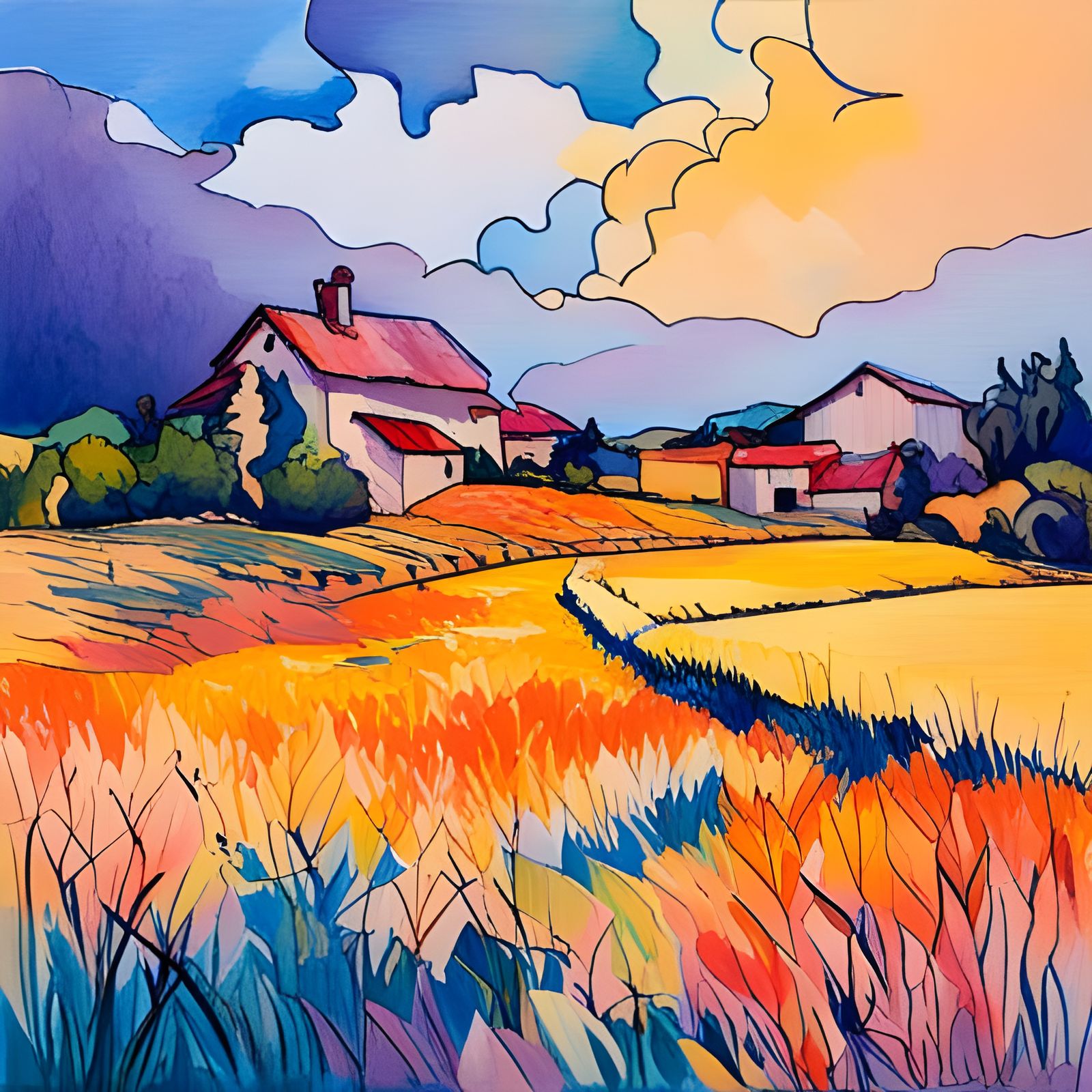 Harmonious Village Landscape in Watercolor and Ink