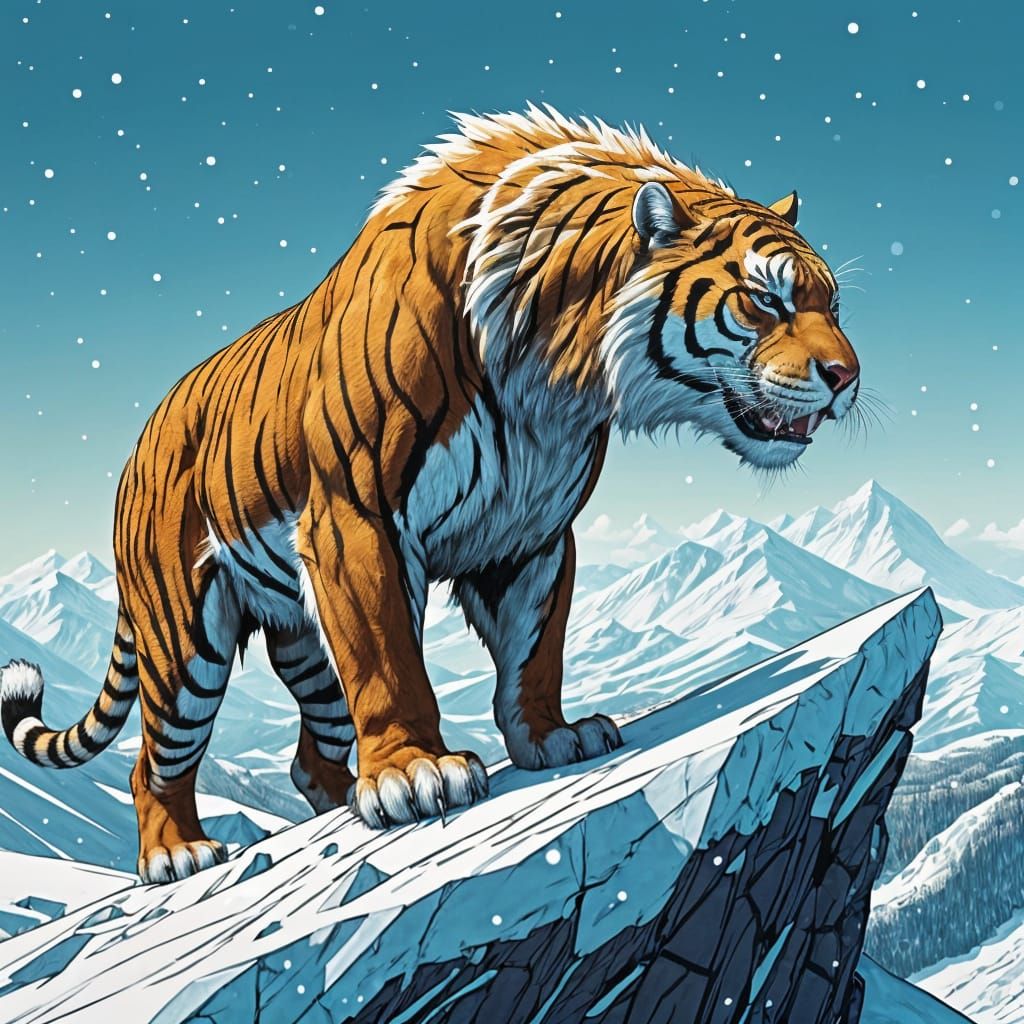 Majestic Sabertooth Tiger on Snowy Peak in Moebius Style