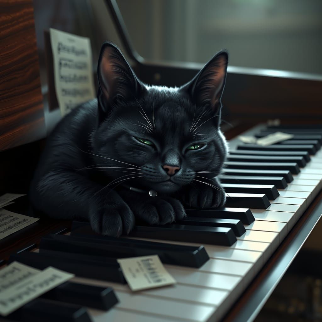 Ethereal Cat on Piano, Inspired by Digital Art