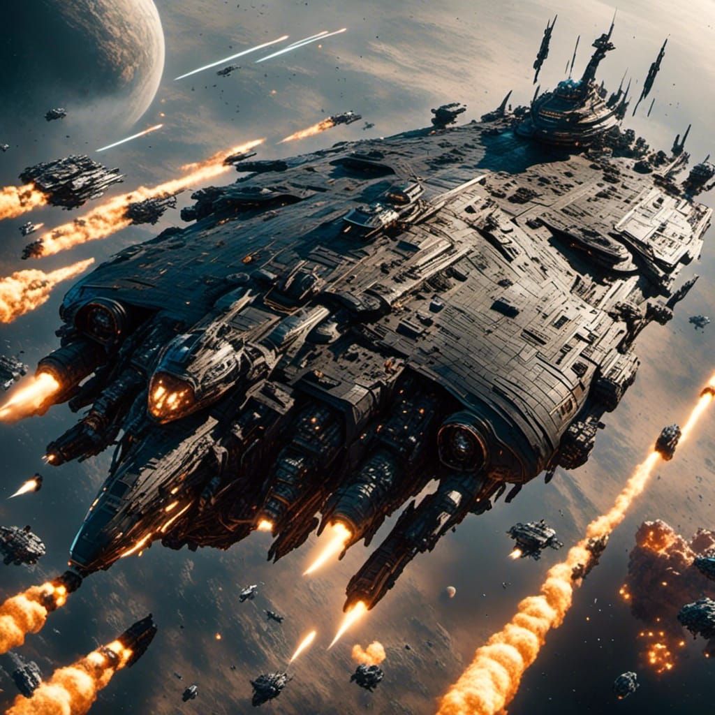 Imposing Sci-Fi Battleship in Orbit with Fighter Escort