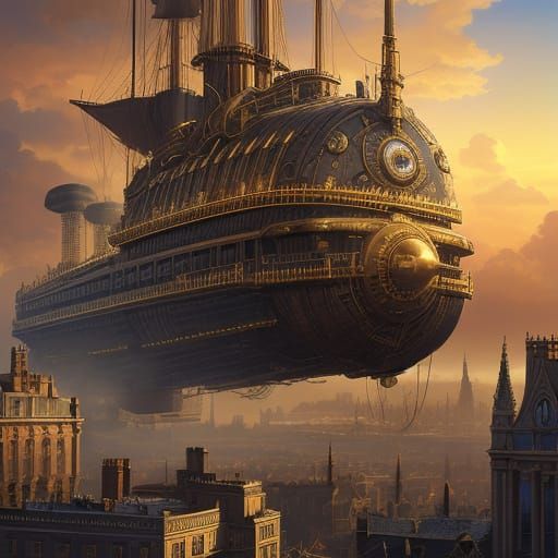 Steampunk Airship Concept Art Above Victorian City