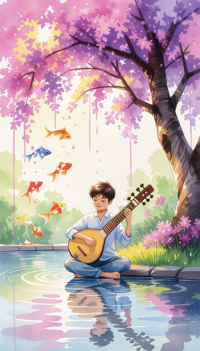 Watercolor Garden of Sound with Koi Fish