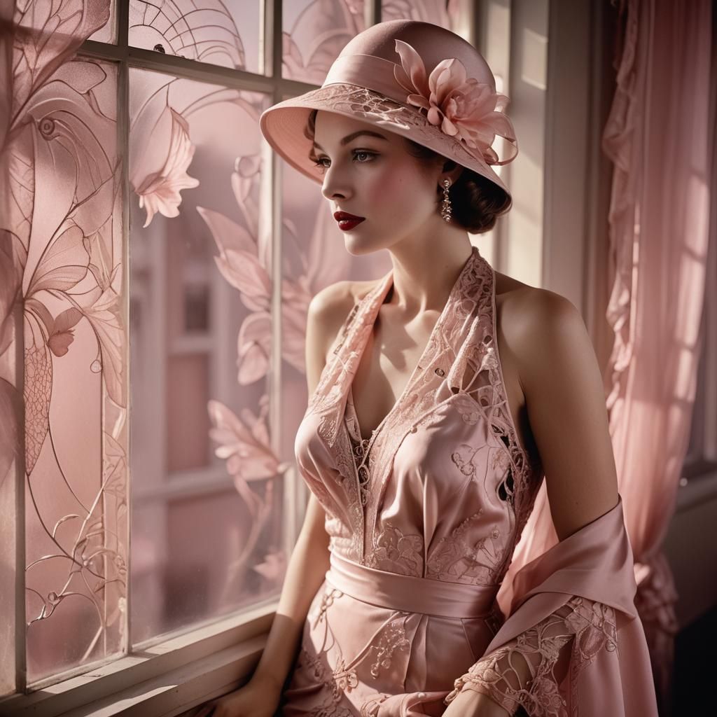 Woman in Art Deco Window, Haute Couture Photography