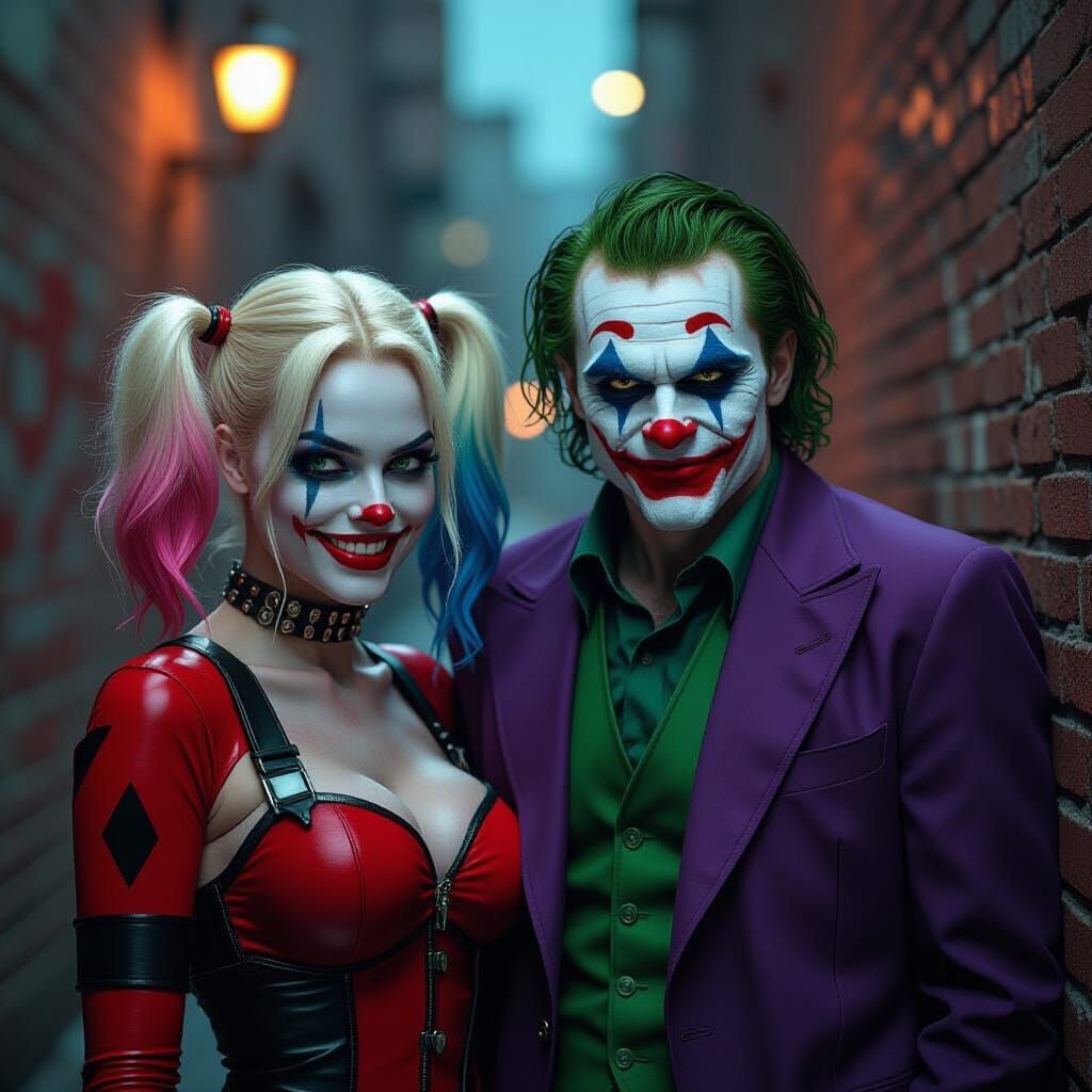 Harley Quinn and Joker in Gritty Alley Portrait
