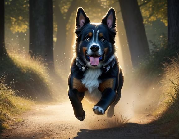 Agile Bernese-like Dog Runs in Golden Sunlight