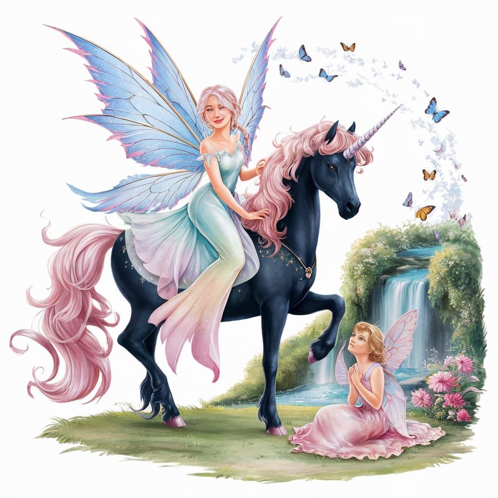 Pastel Fairy on Unicorn with Butterflies Illustration
