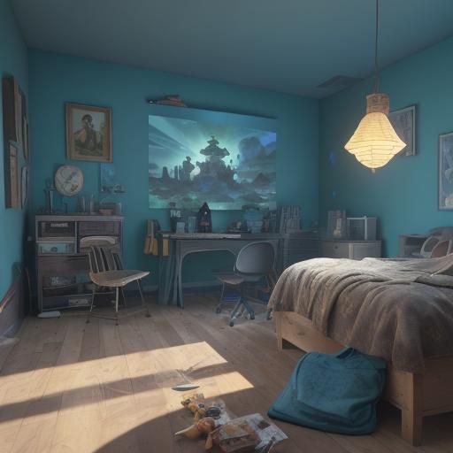 Humorous 3D Room Scene in Pixar Concept Art Style