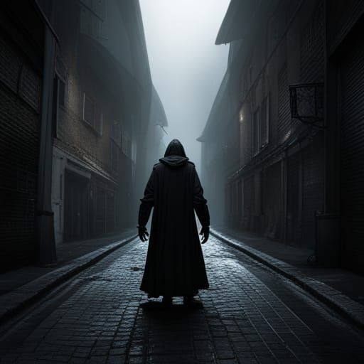 Dark Alleyway with Hooded Figure: Matte Painting