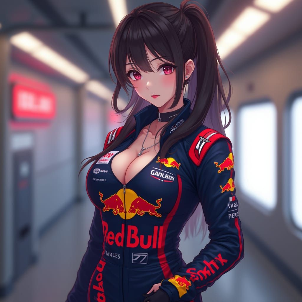 Anime-Style F1 Waifu in Red Bull Racing Jumpsuit with Confid...