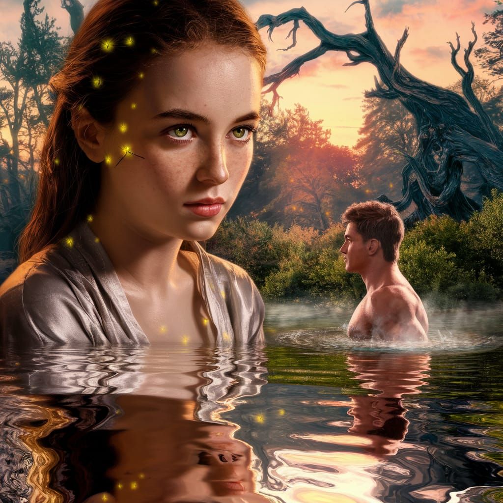 Young Woman by Misty Lake at Sunset