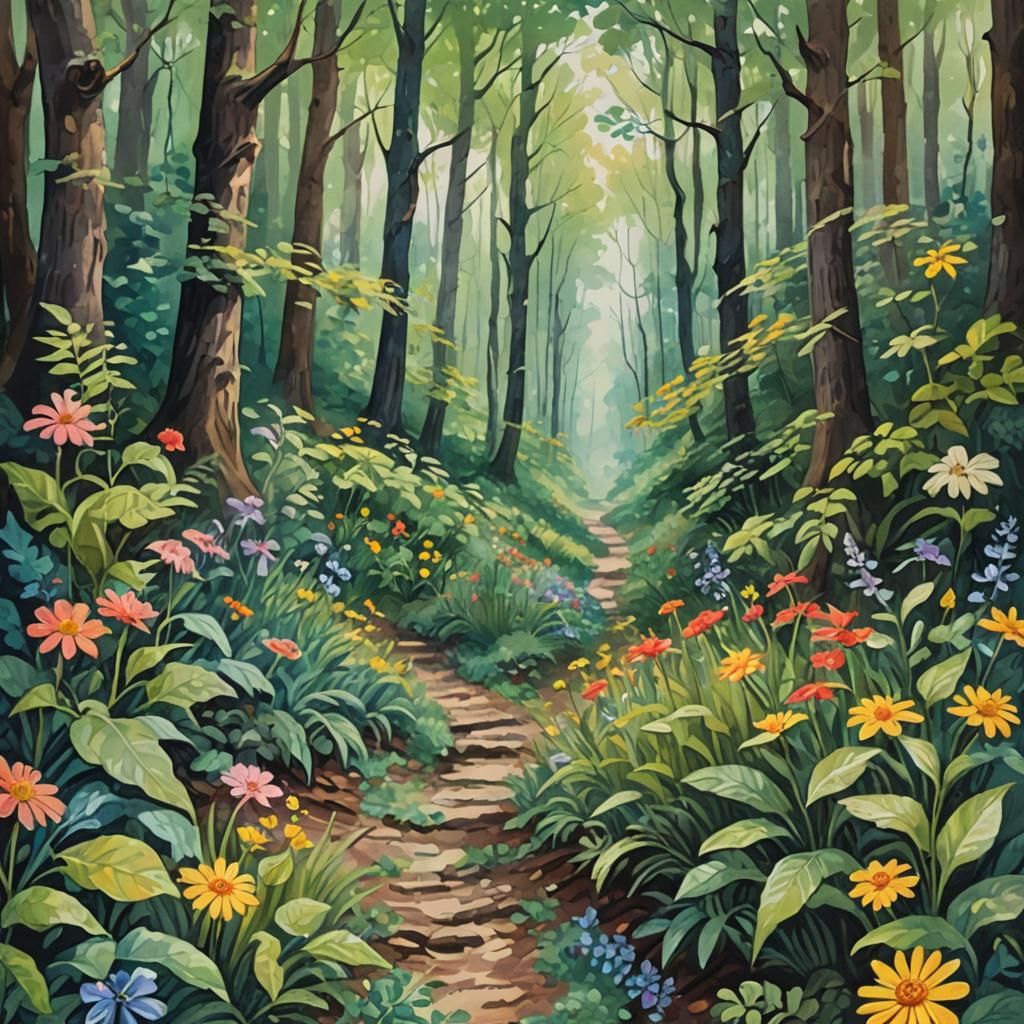 Forest Path Journey in Gouache and Watercolor Style