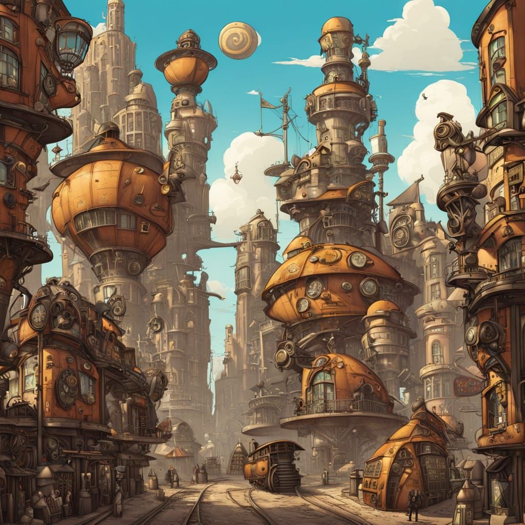 Cartoon Steampunk City Illustration