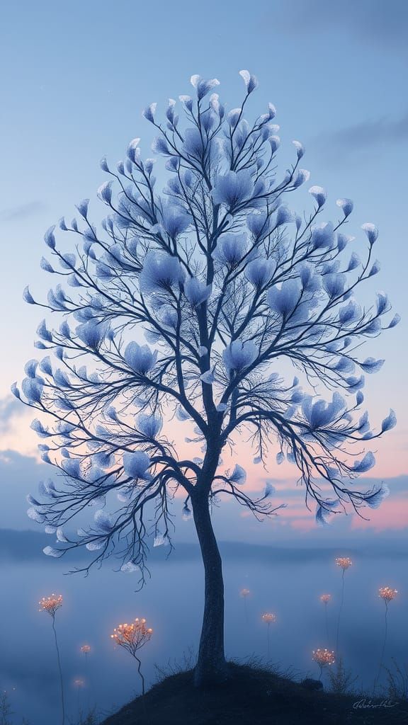 Ethereal Thistledrift Tree Blooms in Twilight Sky