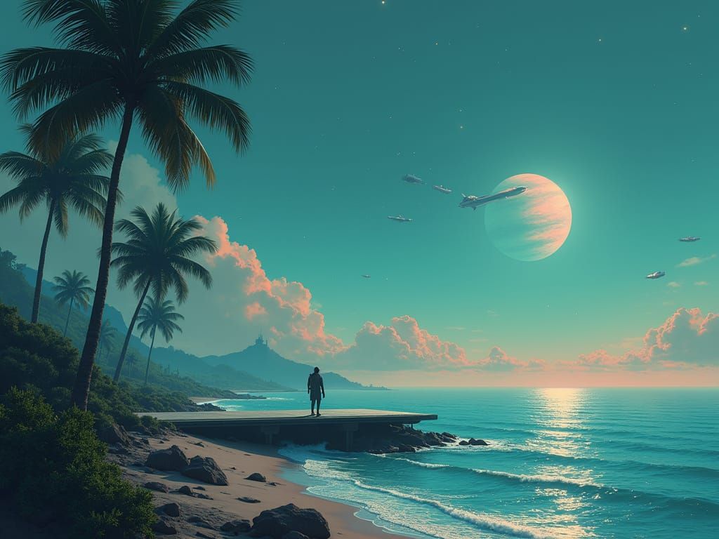 Imagine a lone figure standing on a futuristic pier on a sum...