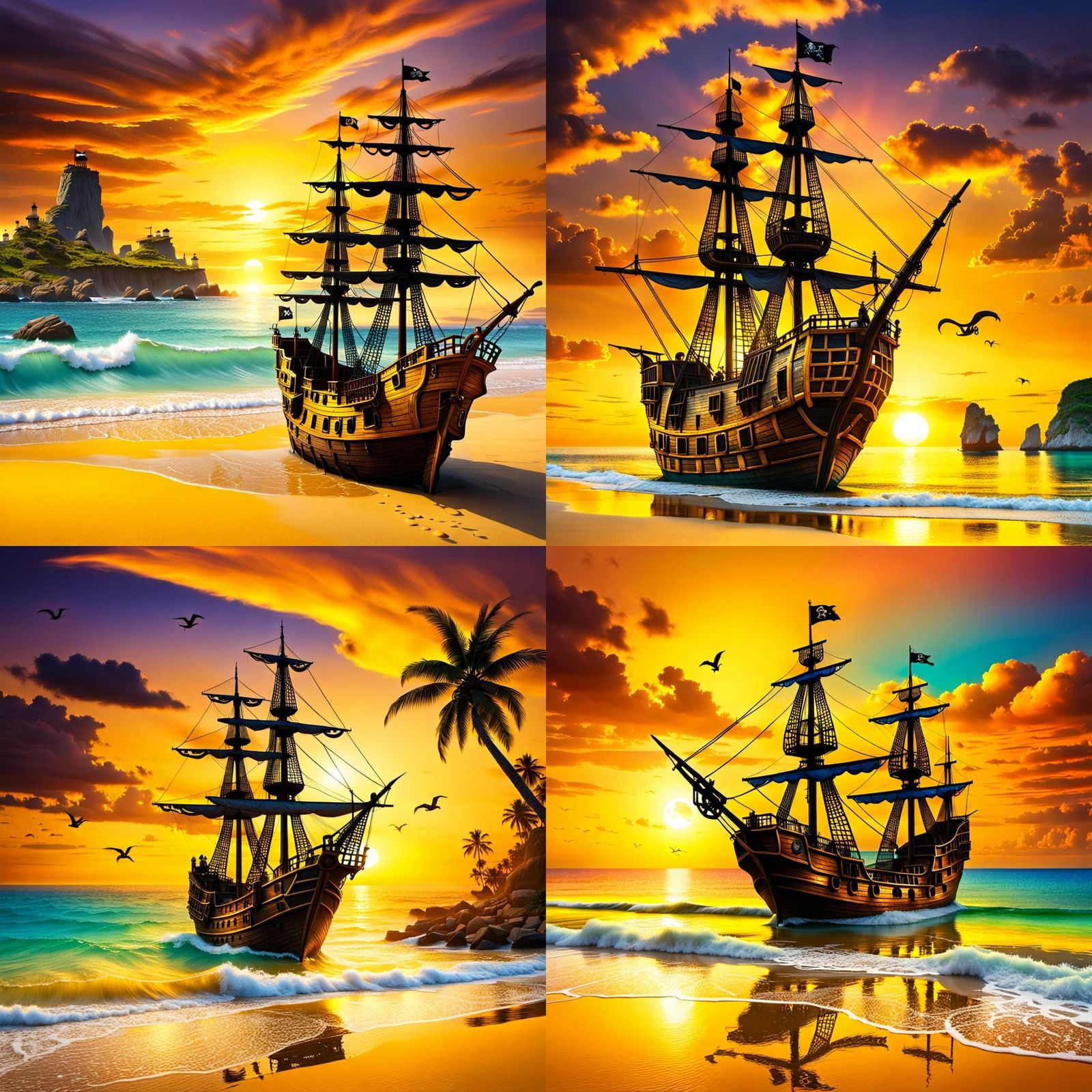 Pirate Ship on Surreal Yellow Sea Sunset