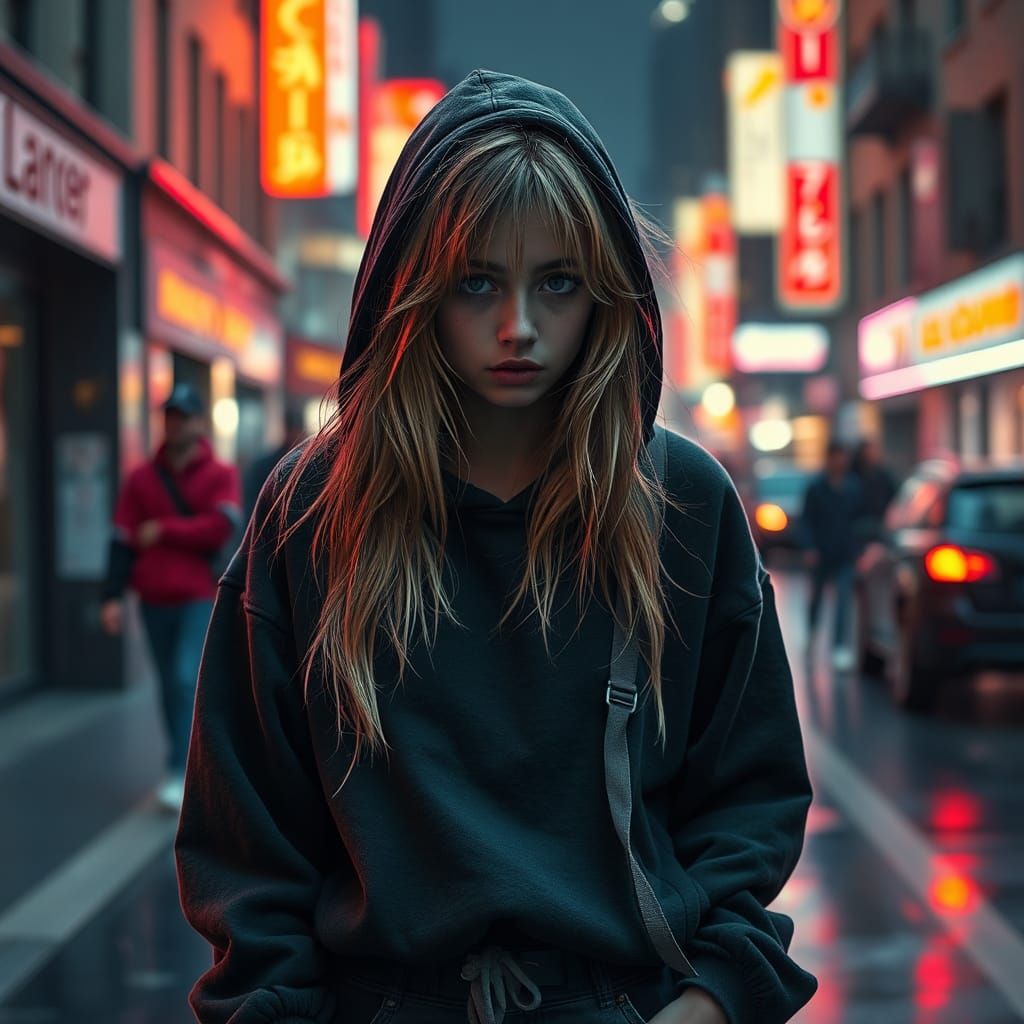 Scared Woman Hiding in Neon Cityscape