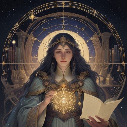 Celestial Librarian in a Grand Cosmic Library