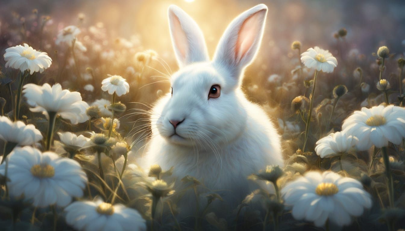 Fluffy Rabbit in Moonflower Field, Painterly Style