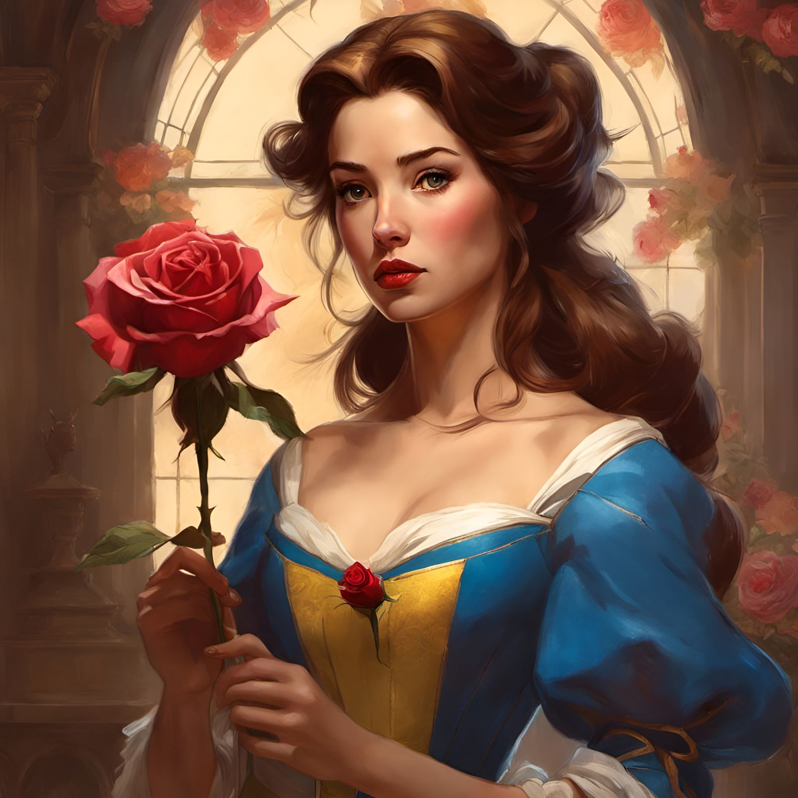 Skeptical Princess Belle Portrait in Pixar Style
