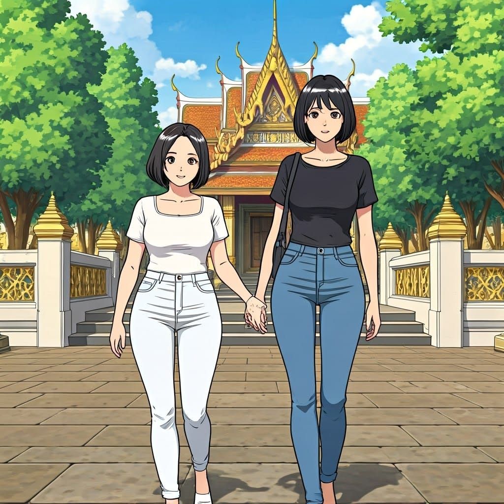 Southeast Asian Women Stroll Through Sacred Thai Temple