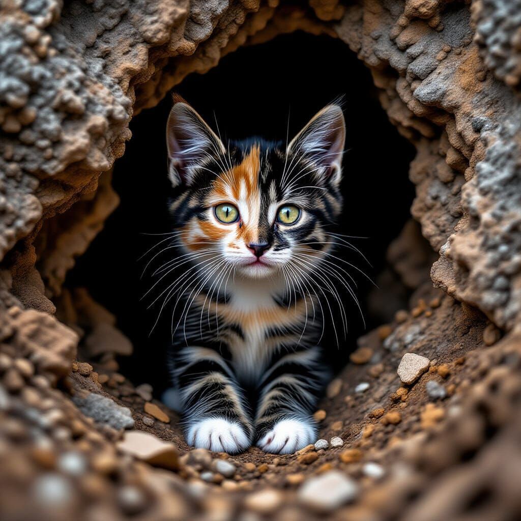 Hyperrealistic Tabby Kitten in Moody Cave