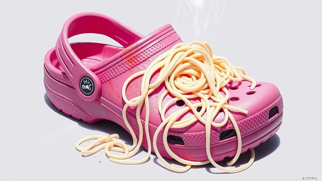 Vibrant Crocs Shoe with Fettuccine Noodles in Whimsical Styl...