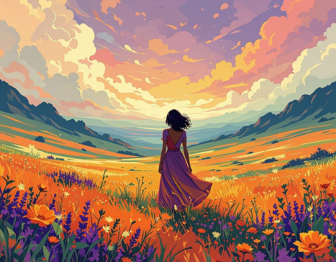 Vibrant Woman in Dreamy, Colorful Landscape