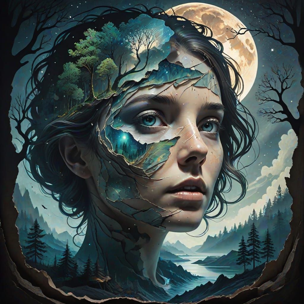 Surreal Forest Reflection Double Exposure Woman Portrait