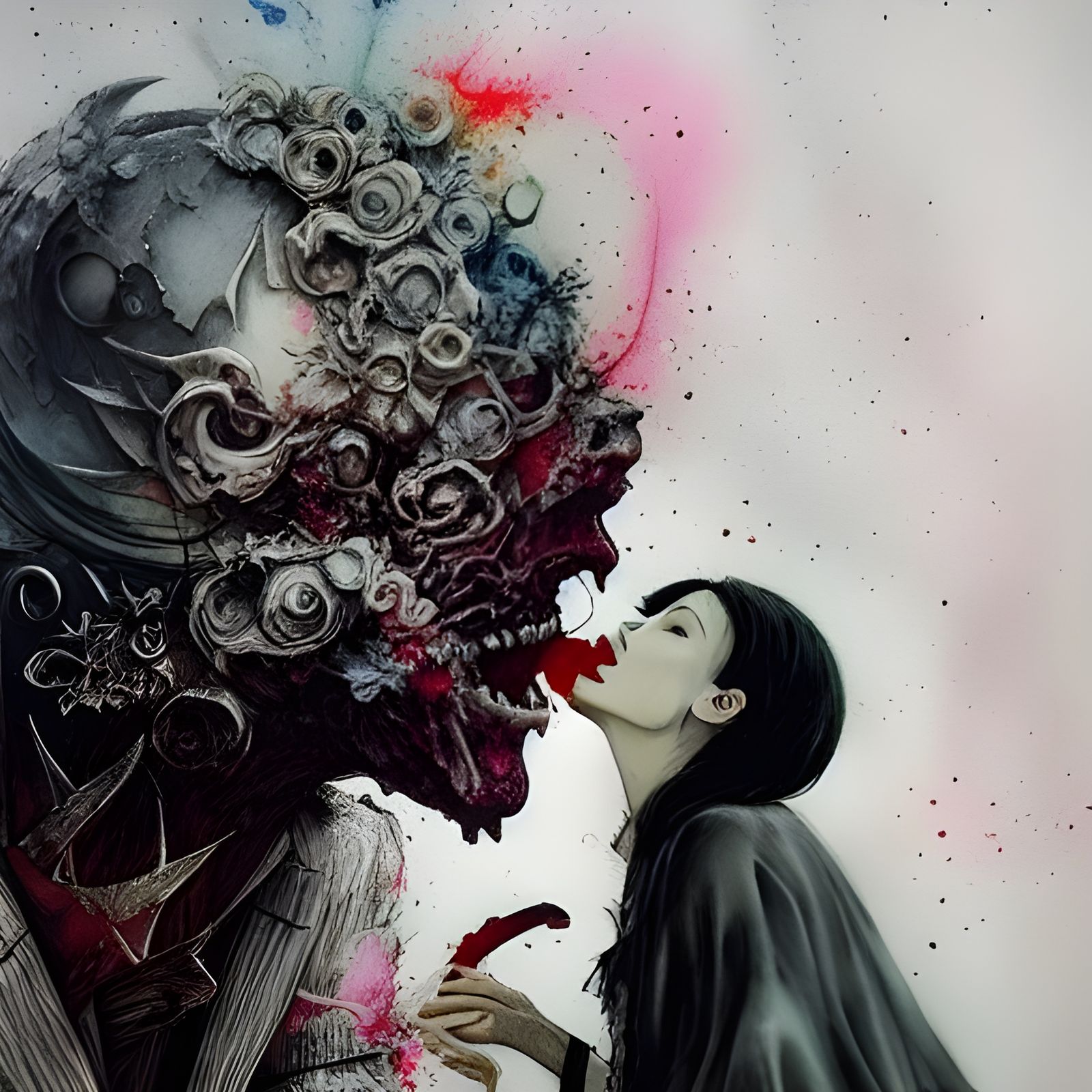 Evil Demon Kissing Angel: A Mixed Media Painting