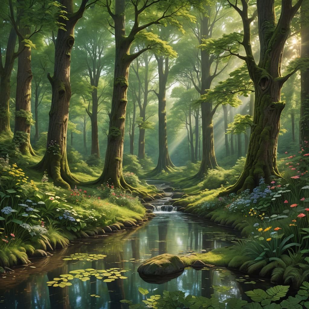 Lush Forest View Through Window: Detailed Matte Painting