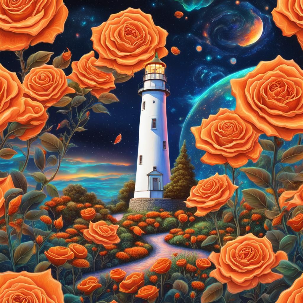 Orange Rose Garden and Lighthouse: Cosmic Illustration