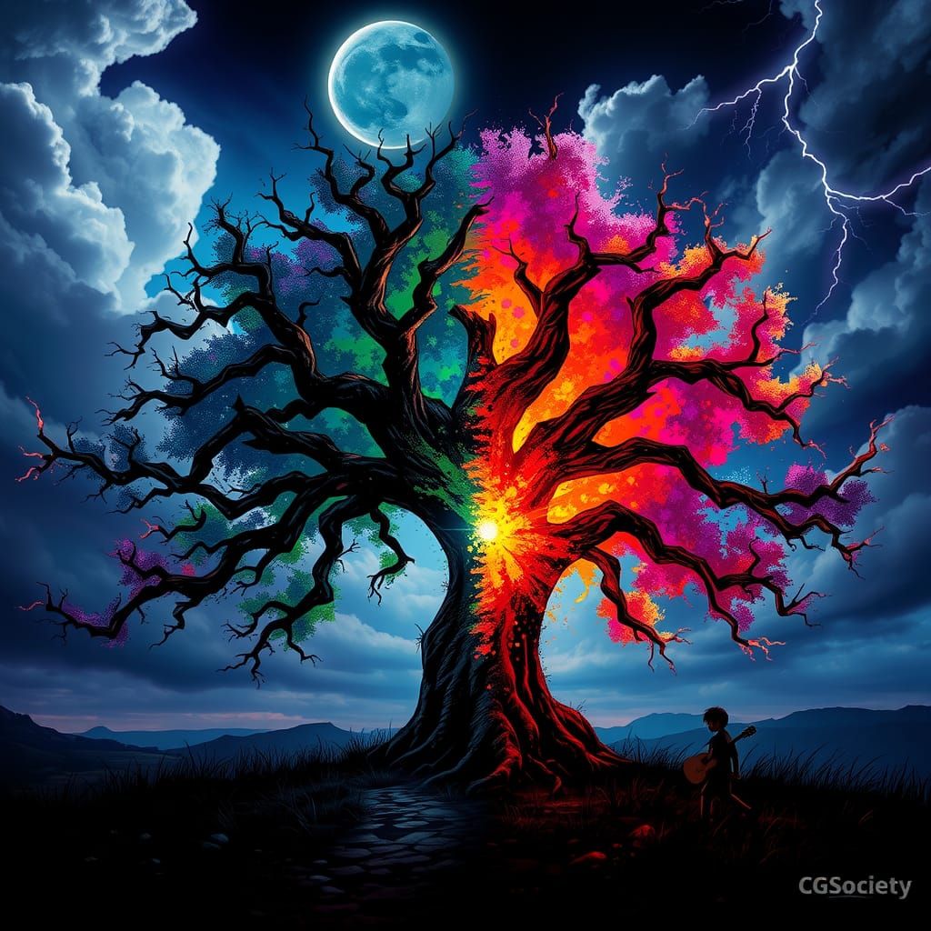 Boy, Tree, and Moon: Graffiti and Splash Art Fusion