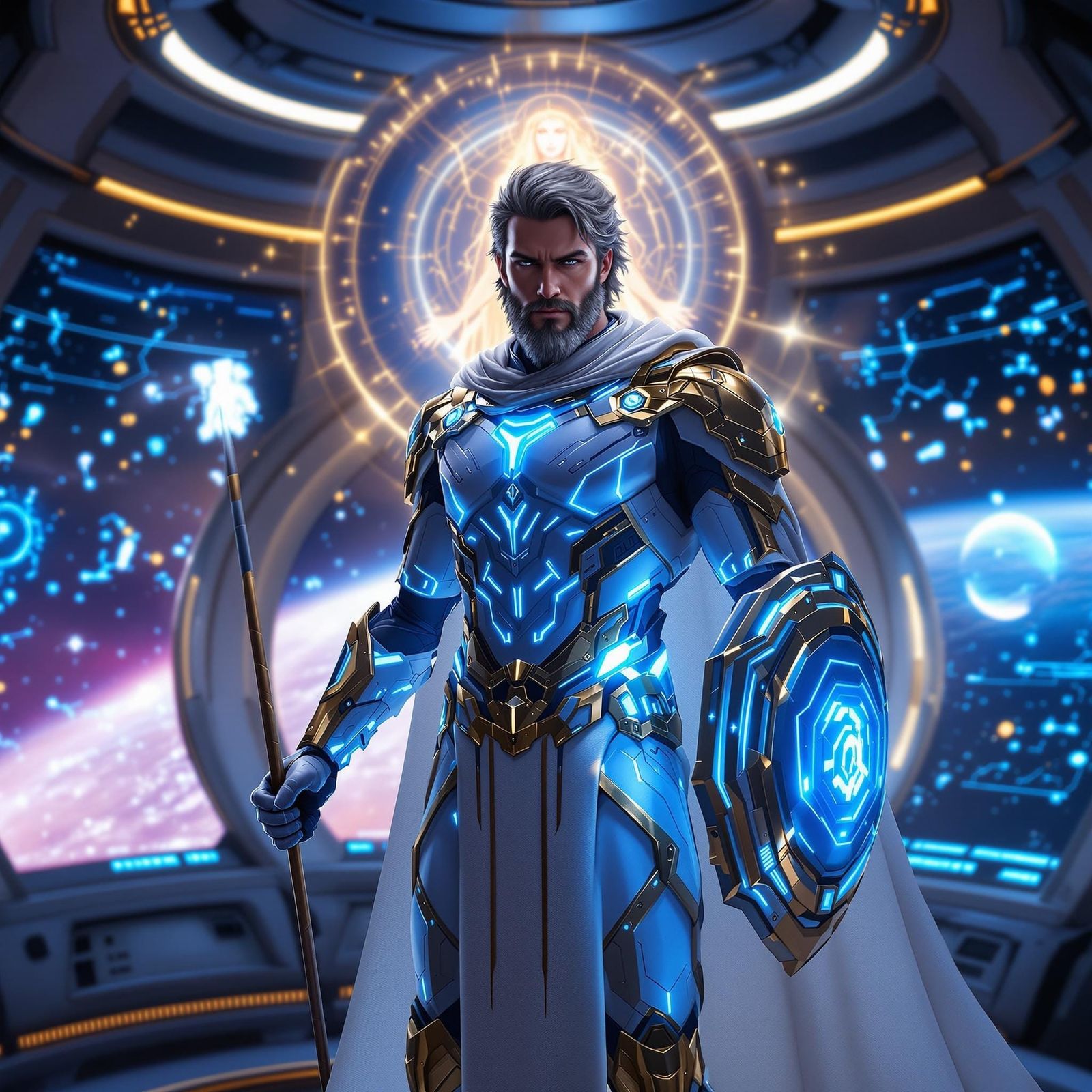Heroic Space Explorer Stands Tall with Glowing Holographic S...