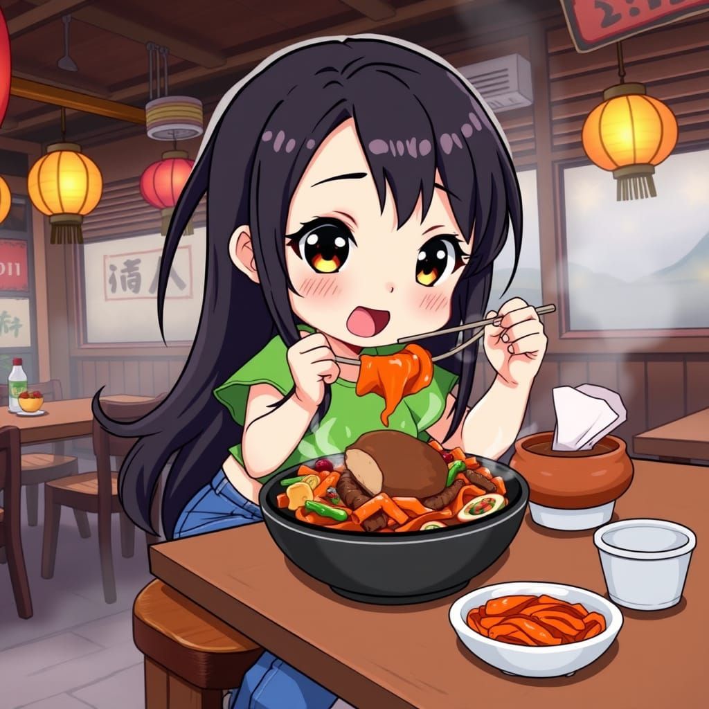 Chibi Anime Girl Enjoys Spicy Korean BBQ in Whimsical Settin...