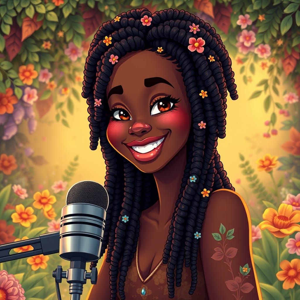 Whimsical Radio Hostess in a Fantastical Garden